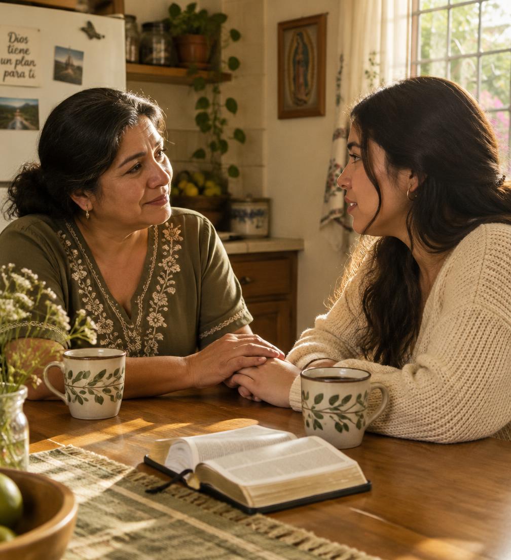 Madre e hija conversando con una Biblia sobre la mesa